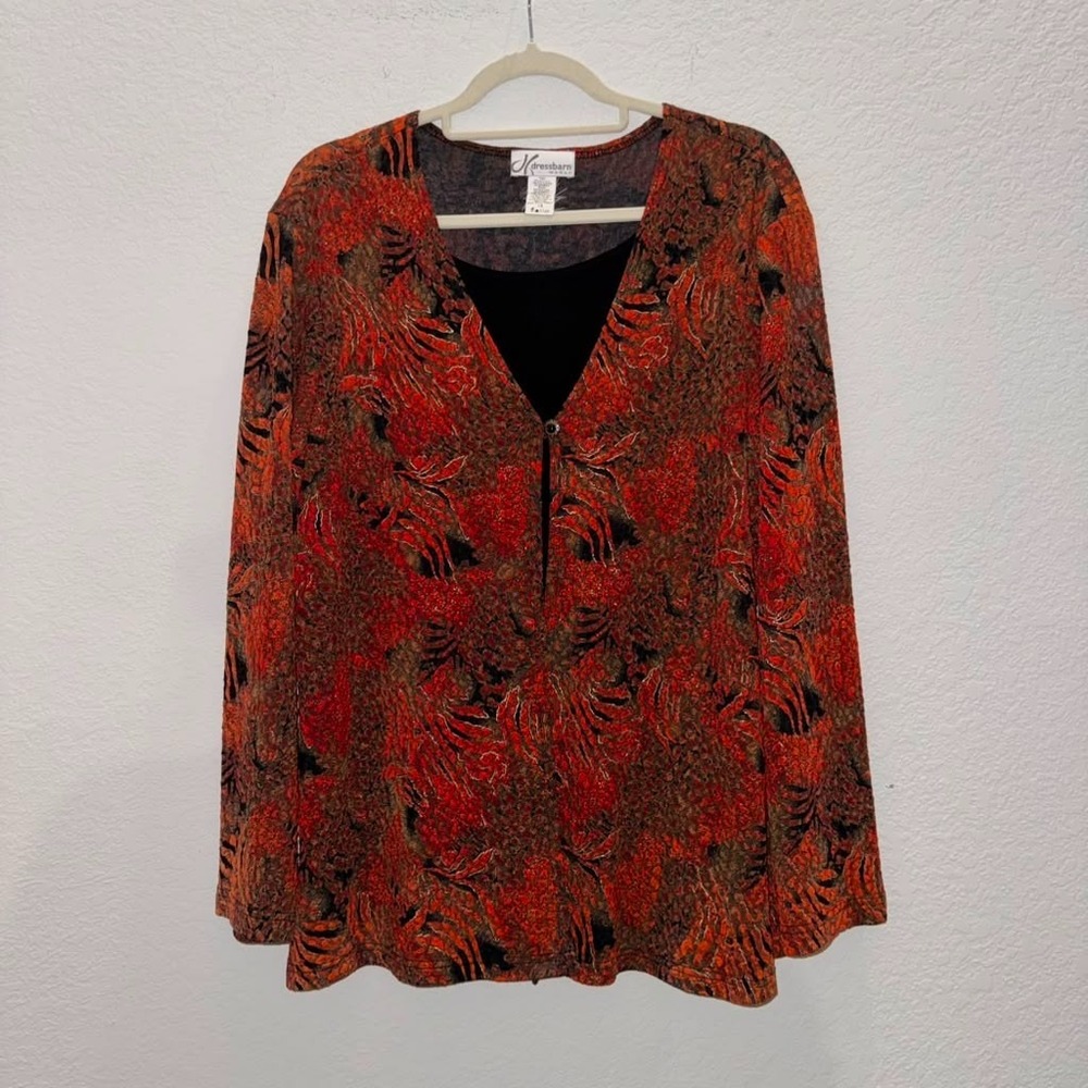 Dressbarn Women's Sz 1X Abstract Print Blouse Rusty Orange Whimsygoth 90s Grunge